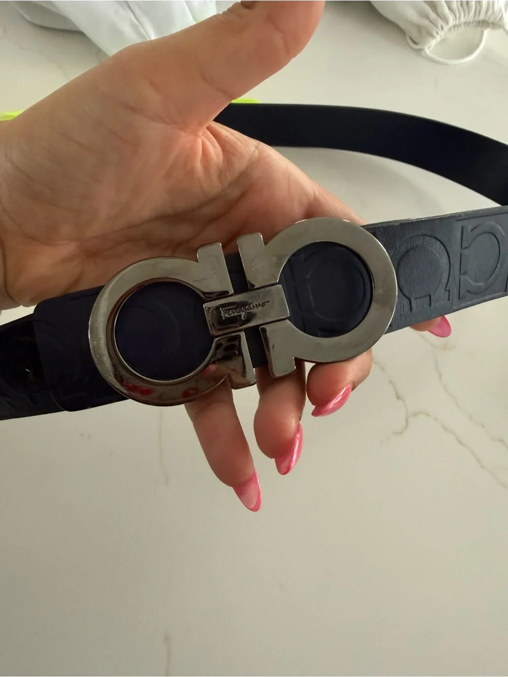 Ferragamo Double Gancini Leather Belt in Navy